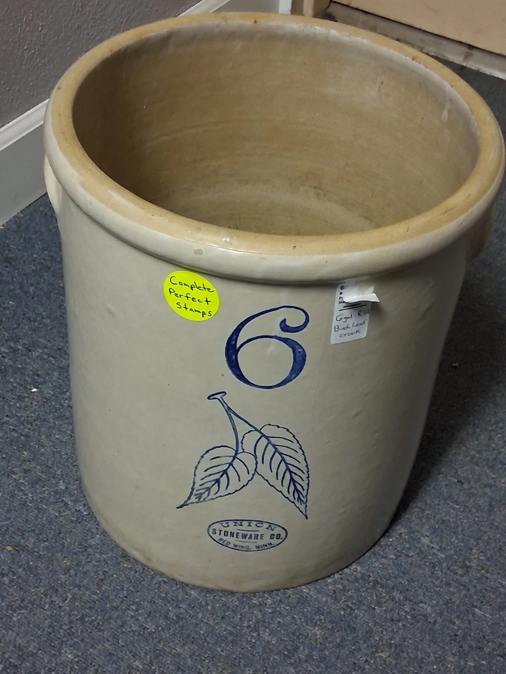 6-Gallon Red Wing Stoneware Crock with Blue Leaf Motif